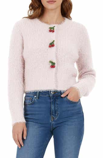 All in Favor Cherry Appliqué Fuzzy Crop Cardigan