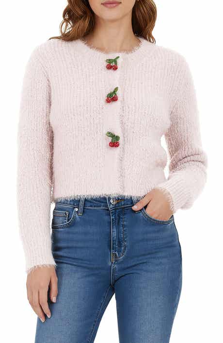All in Favor Cherry Appliqué Fuzzy Crop Cardigan