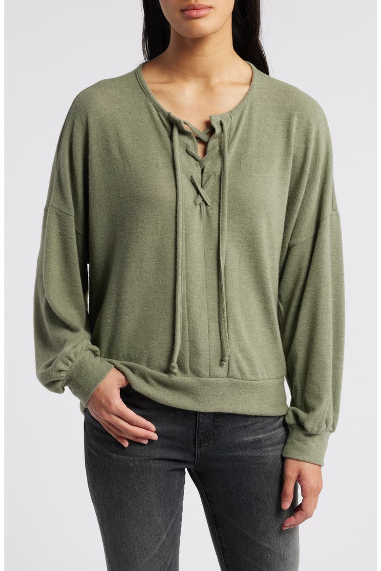 Lace-Up Knit Top, Main, color, OLIVE