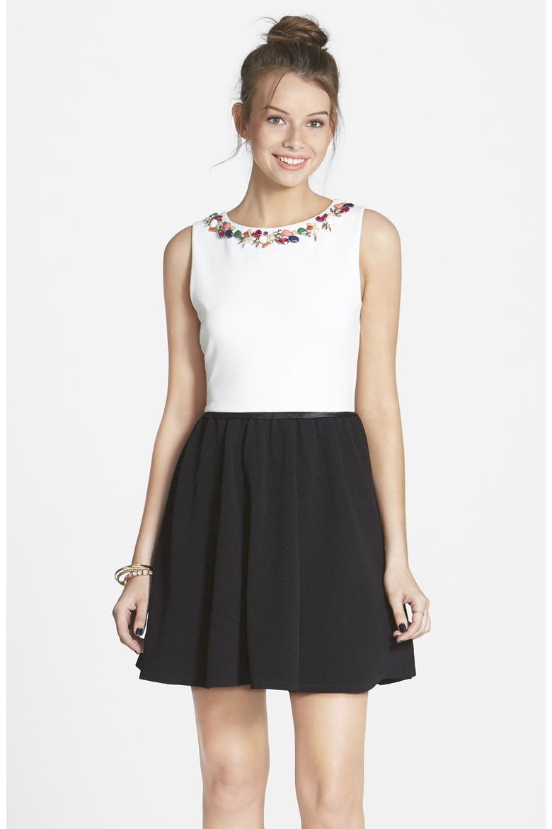 Embellished Neck Skater Dress, Main, color, CREAM/ BLACK