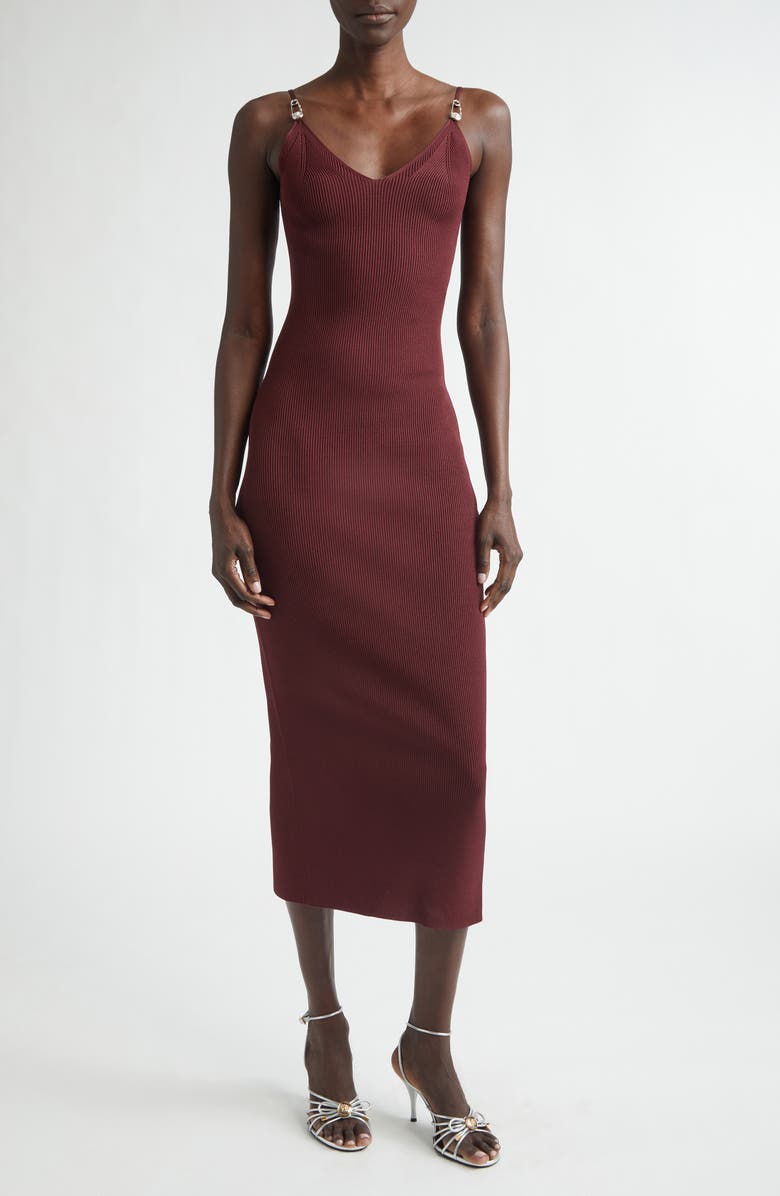 Versace Safety Pin Rib Knit Midi Dress, Main, color, Burgundy