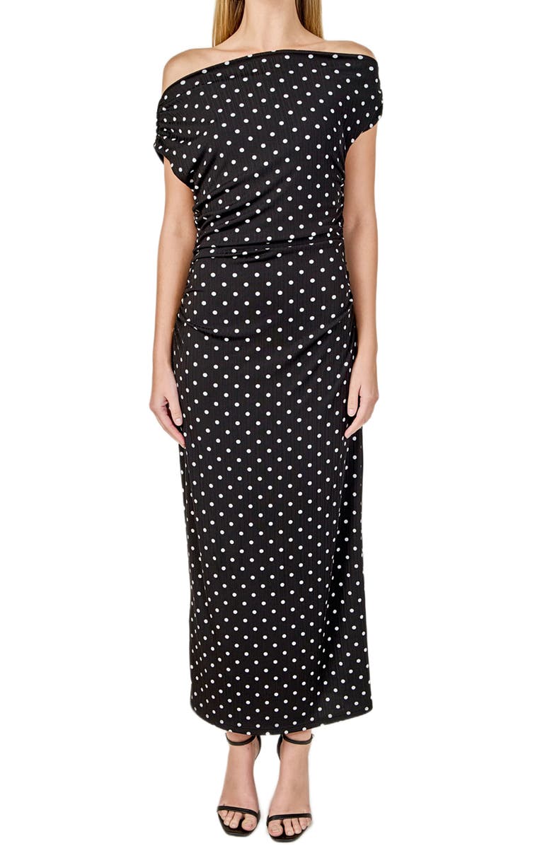 Endless Rose Asymmetric Polka Dot Column Dress, Main, color, Black/ White Dot