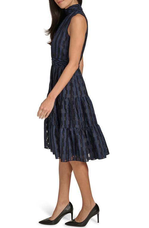 Calvin Klein Women's Checkered Shimmering Tiered A-line Midi Dress In Oyster