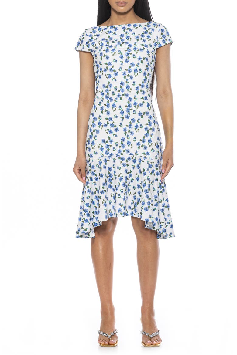 Renata Cap Sleeve Handkerchief Hem Knit Dress, Main, color, BLUE DITZY