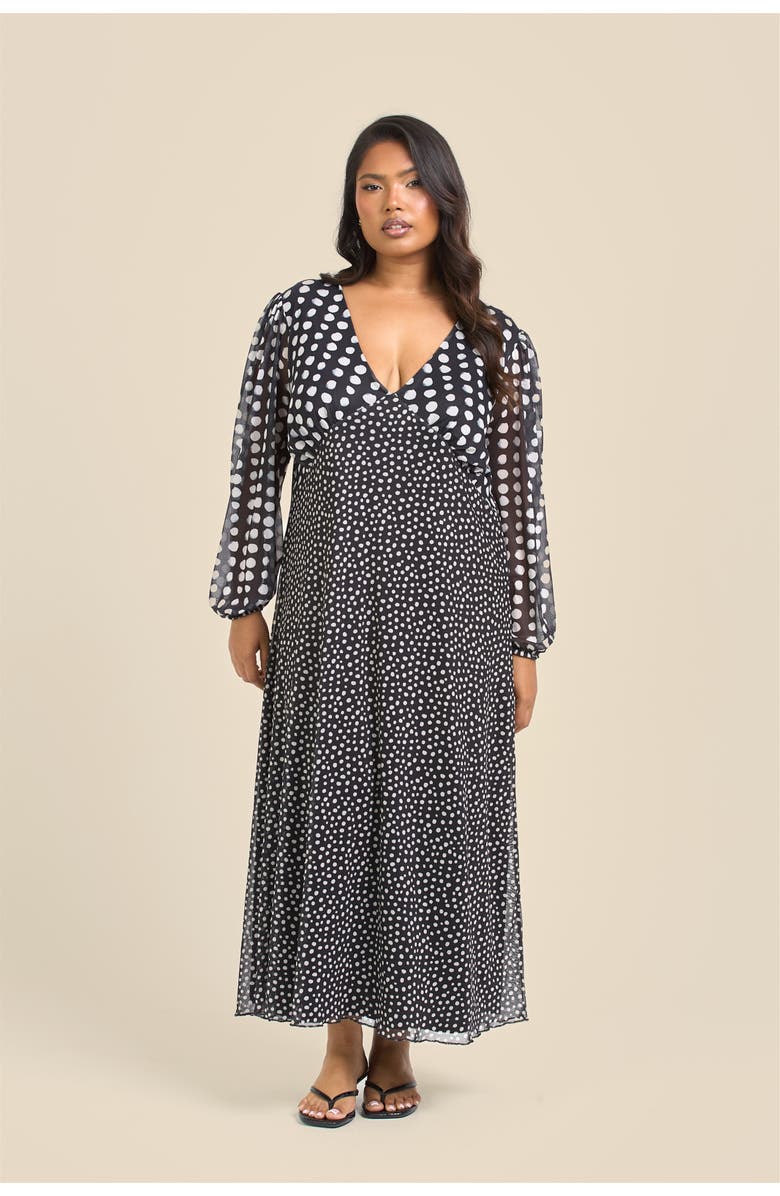 FASHION-SZN CURVE Long Sleeved Polka Dot Midi Dress, Main, color, Black