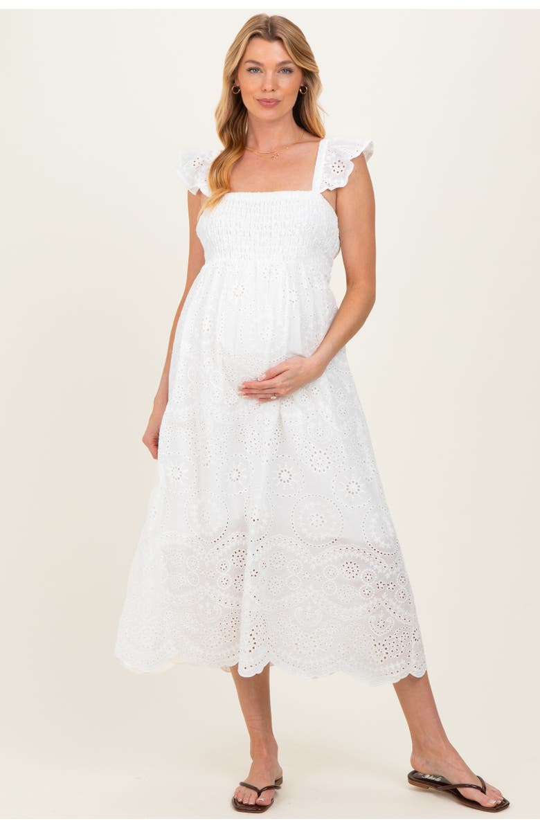 PinkBlush Embroidered Smocked Cutout Midi Dress, Alternate, color, White