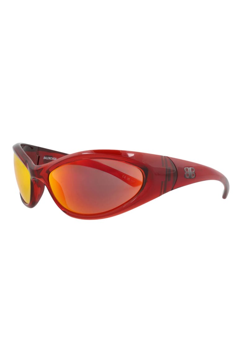 Gender Inclusive 70mm Mirrored Wrap Shield Sunglasses, Alternate, color, RED RED RED