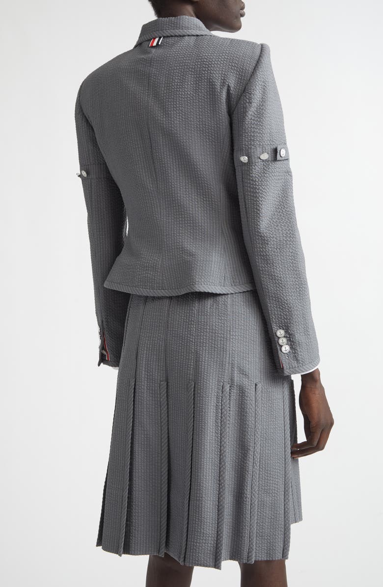 Thom Browne Crop Sculpted Shoulder Wool Seersucker Jacket, Alternate, color, Light Grey