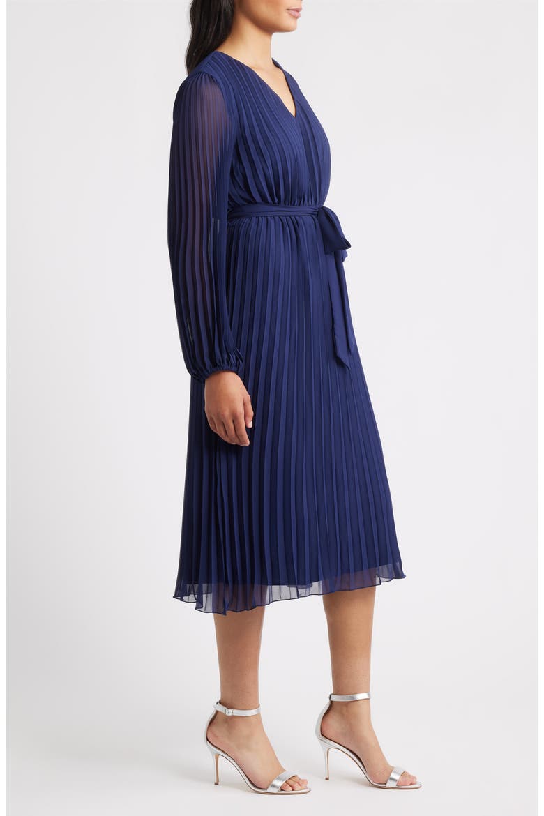Pleated Long Sleeve Chiffon Midi Dress, Alternate, color, NAVY