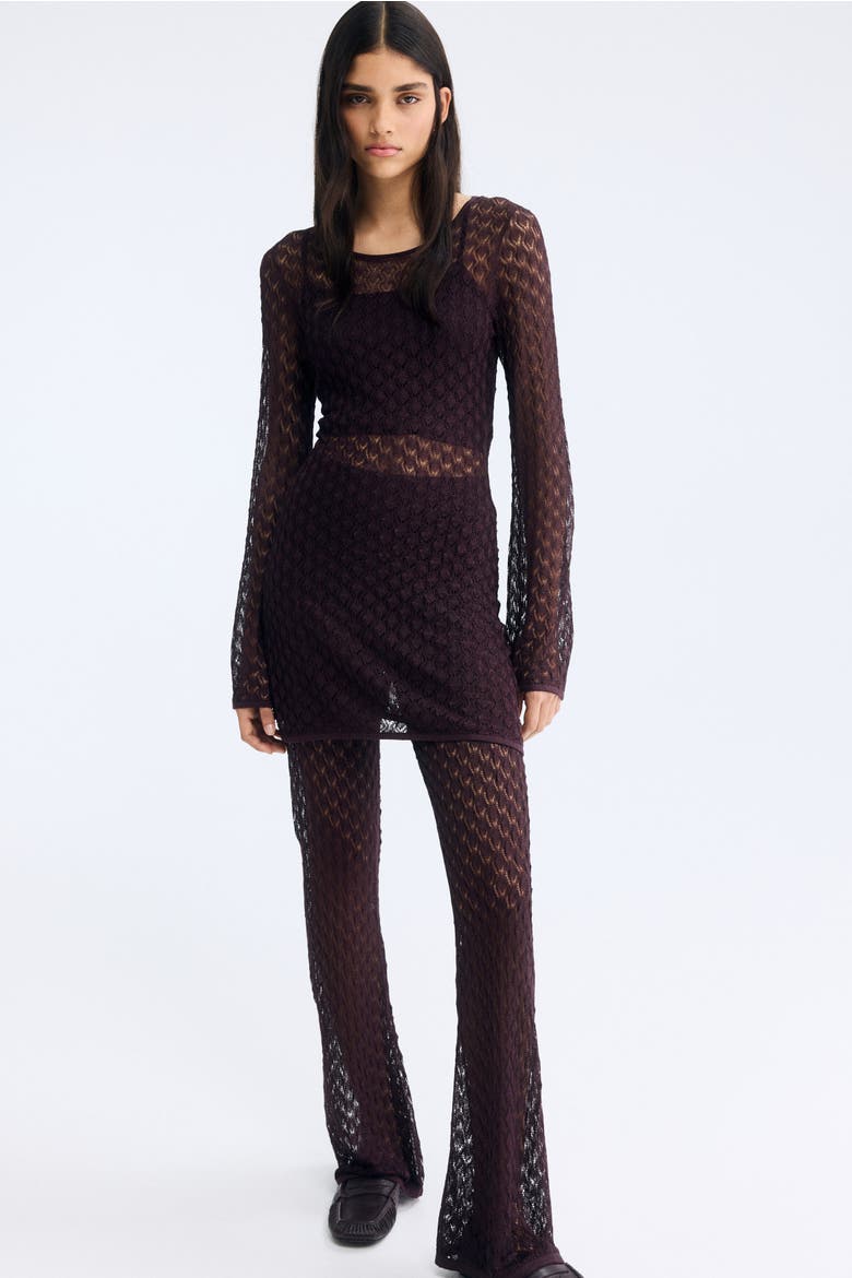 Shimmering Pointelle-knit Trousers, Alternate, color, Plum red