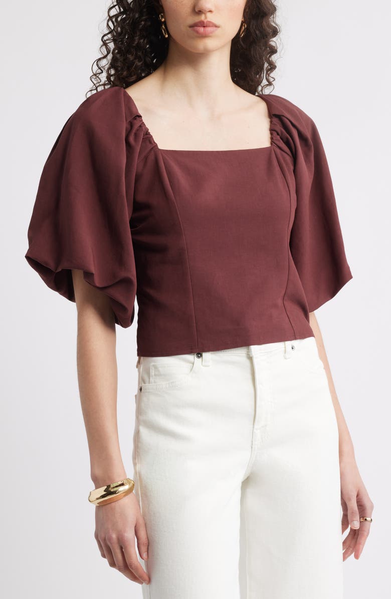 Nordstrom Puff Sleeve Square Neck Top, Main, color, Brown Raisin
