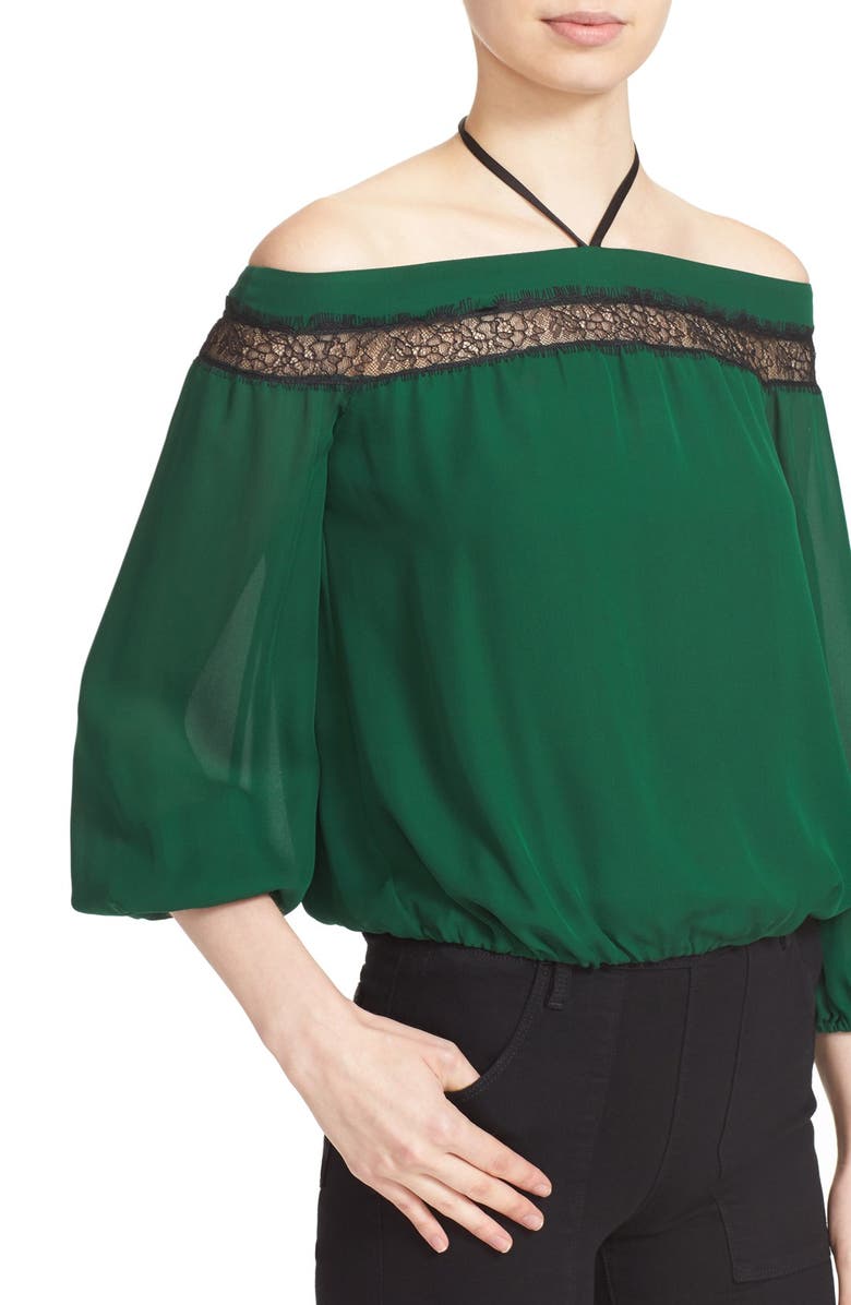 Alice + Olivia 'Esmeralda' Off the Shoulder Tie Neck Top, Alternate, color, 