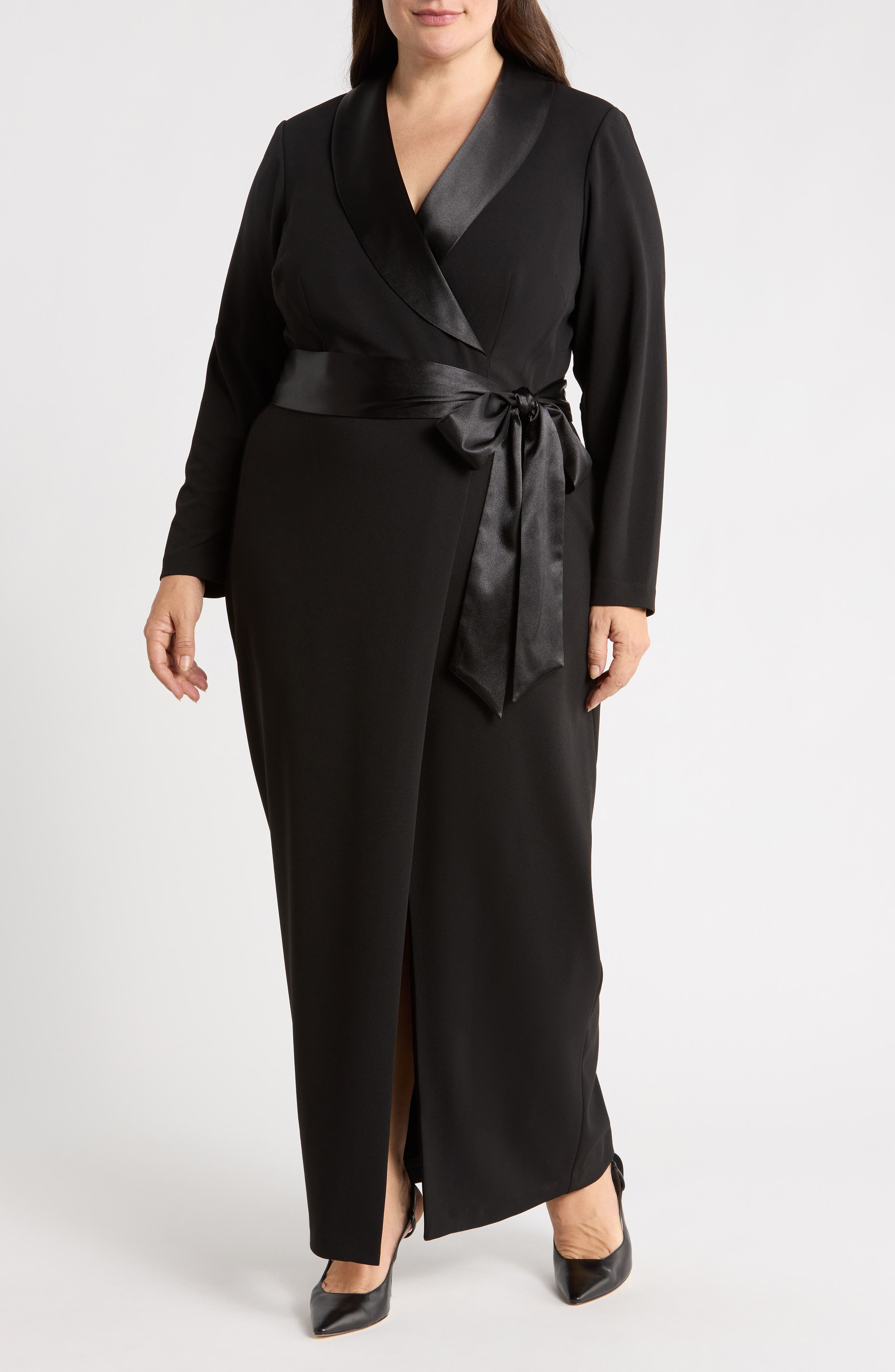Satin Collar Tuxedo Wrap Gown