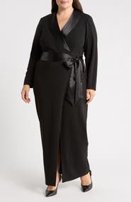 Eliza J Satin Collar Tuxedo Wrap Gown