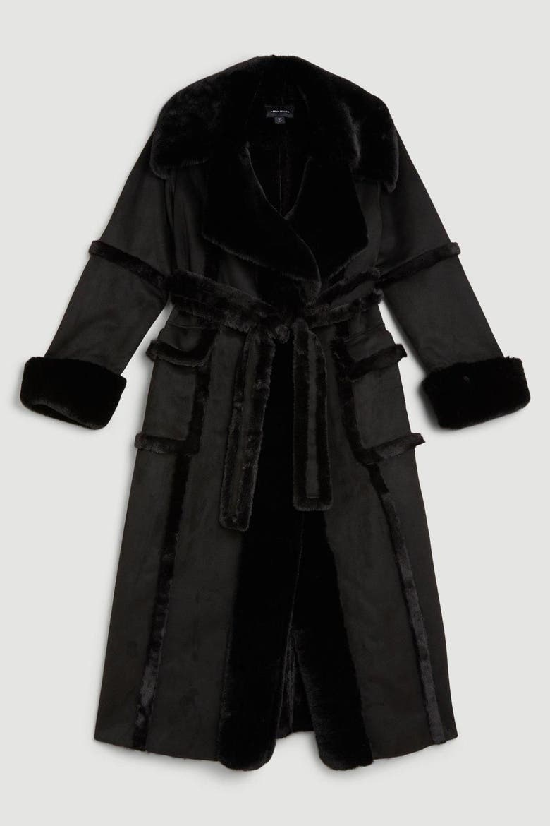 Faux Shearling Belted Maxi Coat, Alternate, color, Black