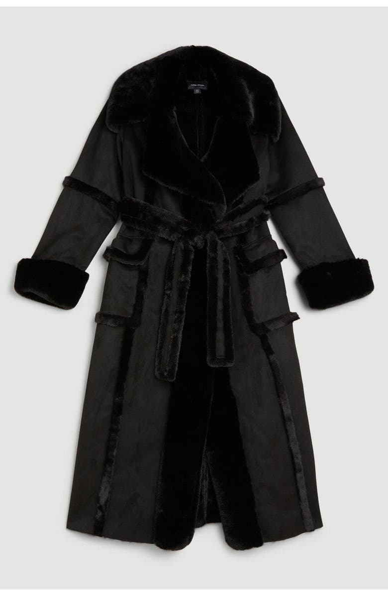 Karen Millen Faux Shearling Belted Maxi Coat, Alternate, color, Black
