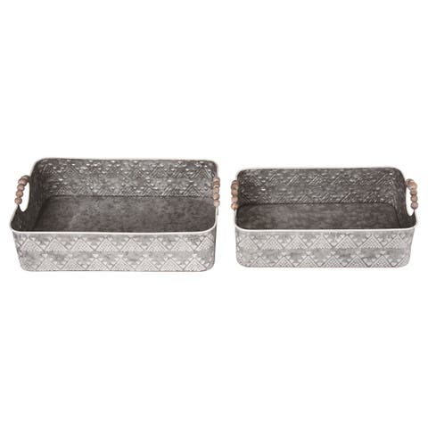 16.5 Inch Silver Spring Whitewashed Nested Trays Set of 2 Metal Serving Trays for Spring Decor