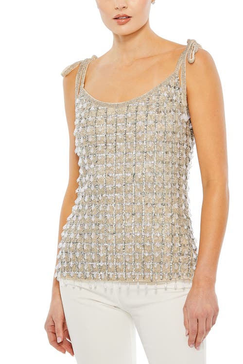 Mac Duggal Crystal Embellished Soft Tie Cami Top In Beige
