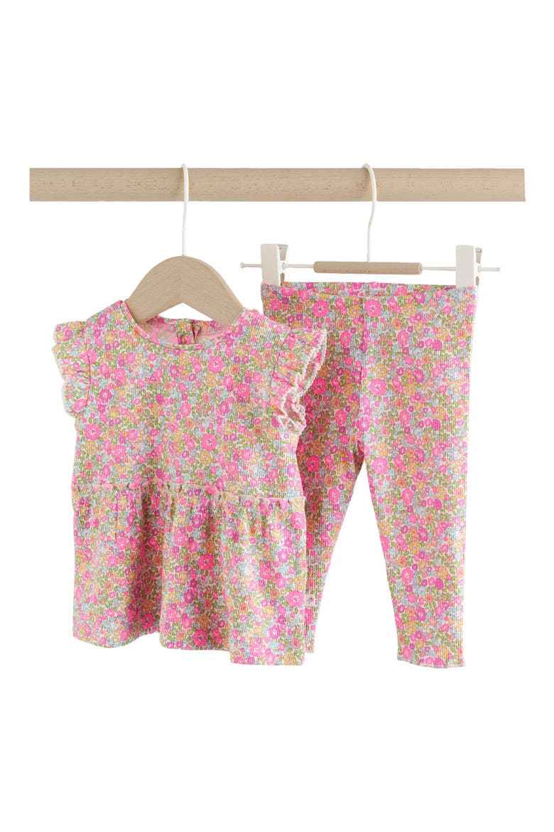 Kids' Fleuro Ditsy Ruffle Stretch Cotton Top & Leggings Set, Main, color, PINK