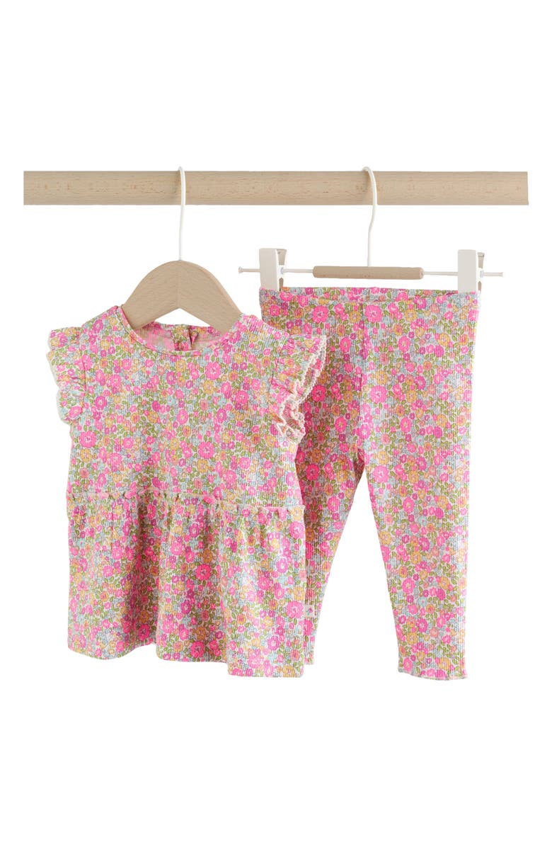 NEXT Kids' Fleuro Ditsy Ruffle Stretch Cotton Top & Leggings Set, Main, color, Pink