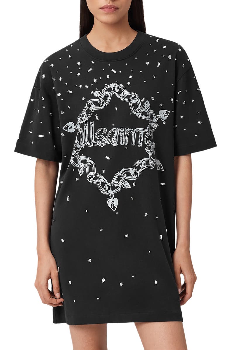 AllSaints Scattered Rhinestone Logo Cotton T-Shirt Dress, Main, color, Washed Black