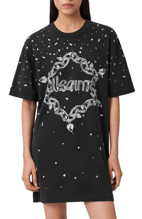 Scattered Rhinestone Logo Cotton T-Shirt Dress