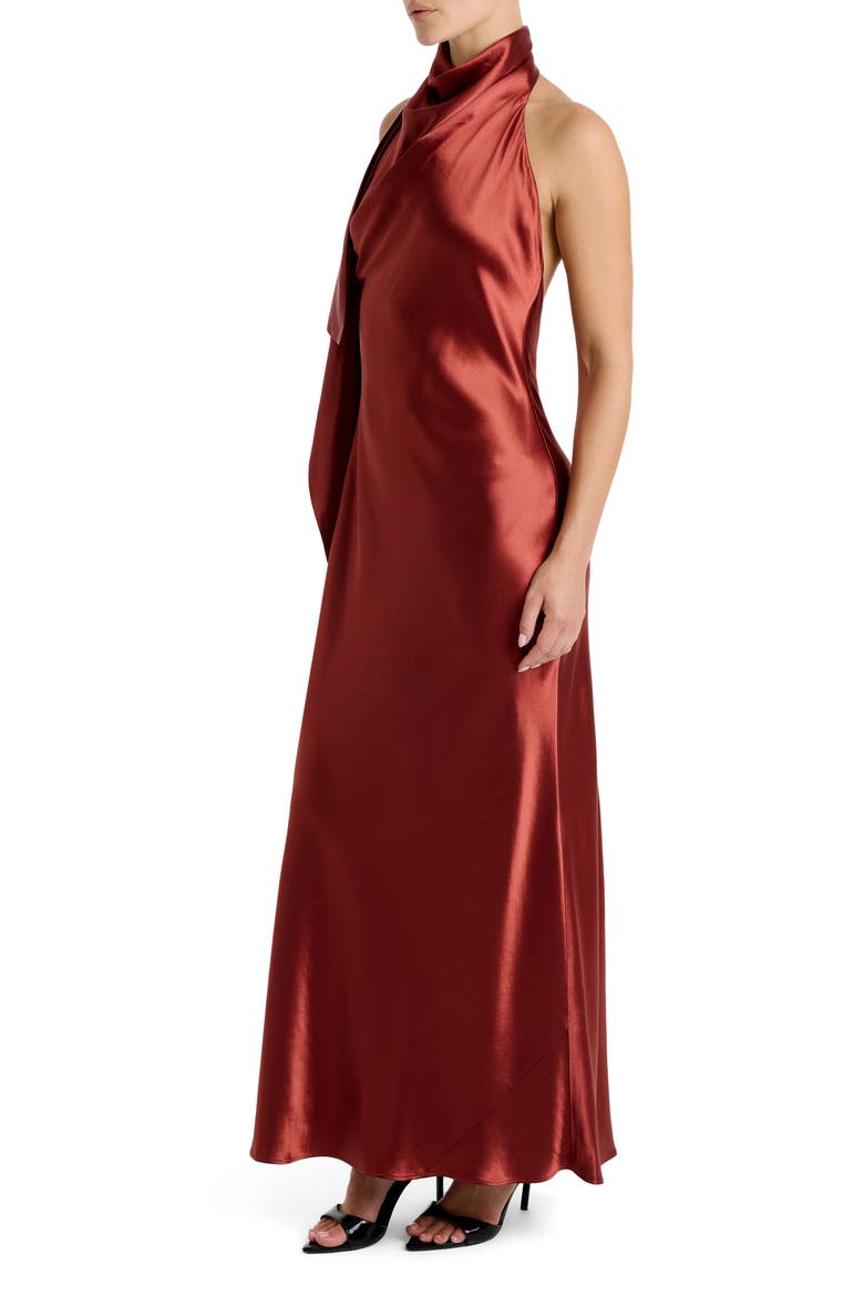 Sierra Drape Mock Neck Halter Satin Gown, Alternate, color, RUST