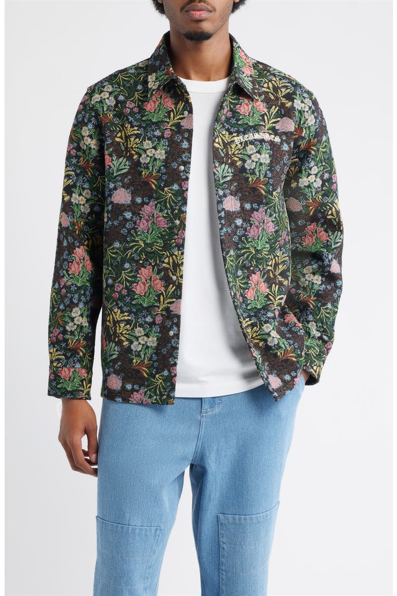 Floral Jacquard Snap-Up Overshirt, Main, color, BLACK