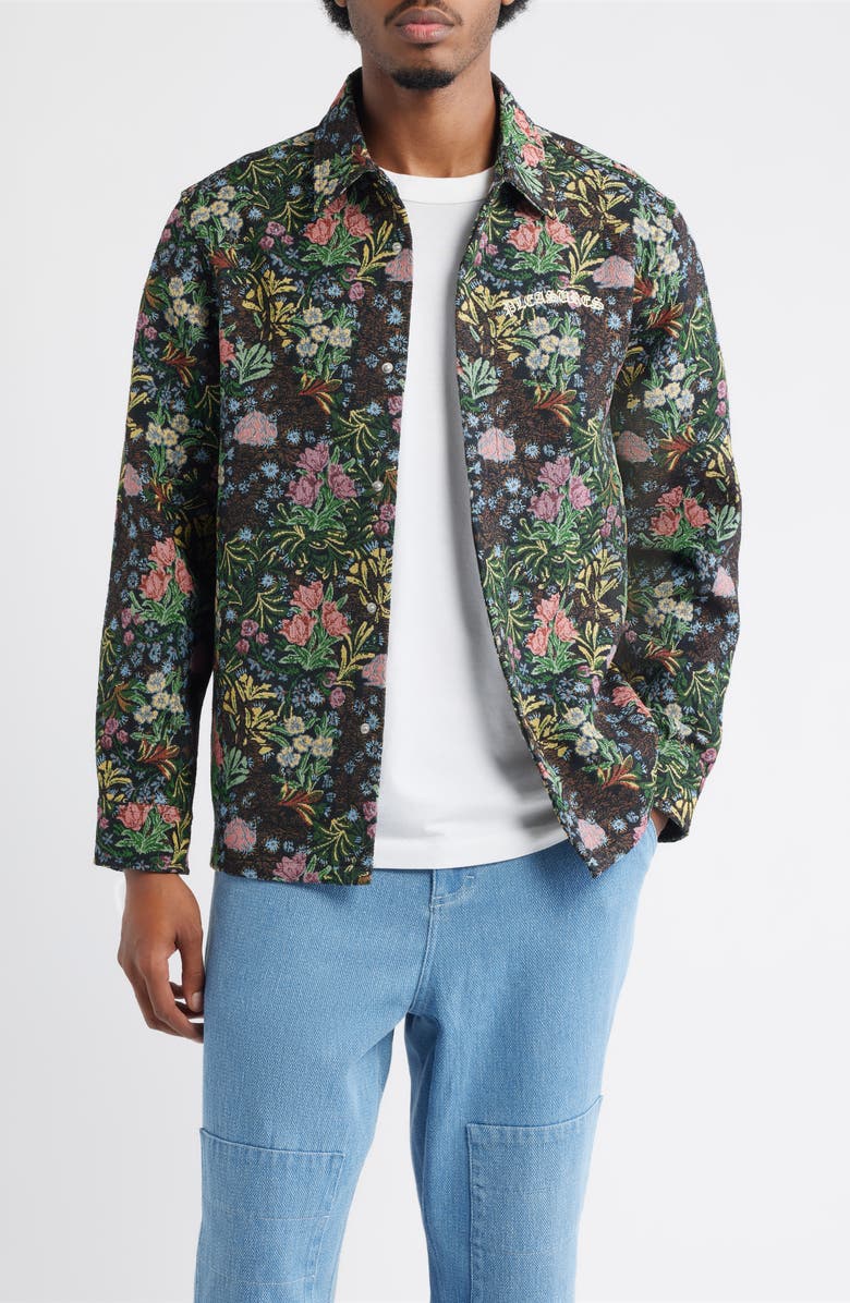PLEASURES Floral Jacquard Snap-Up Overshirt, Main, color, Black