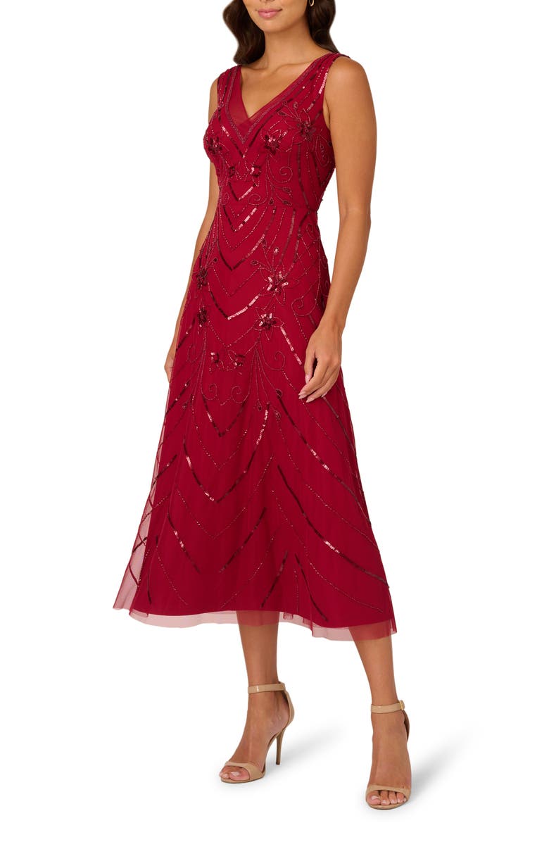 Adrianna Papell Embellished Mesh Cocktail Dress, Alternate, color, Cranberry