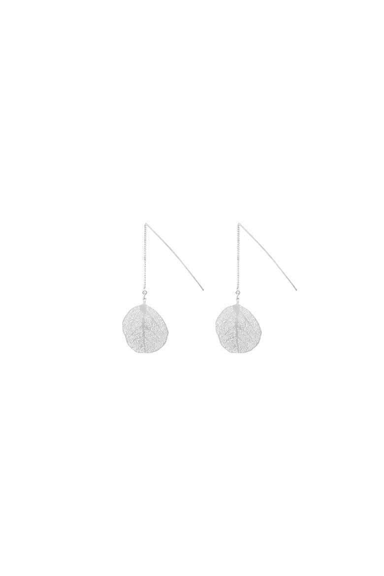 Sienna Textured Leaf Disc Threader Earrings Sculptural Trendy, Main, color, Silver