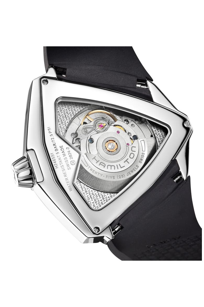 Ventura Automatic Rubber Strap Watch, 45.5mm x 46mm, Alternate, color, BLACK/ SILVER