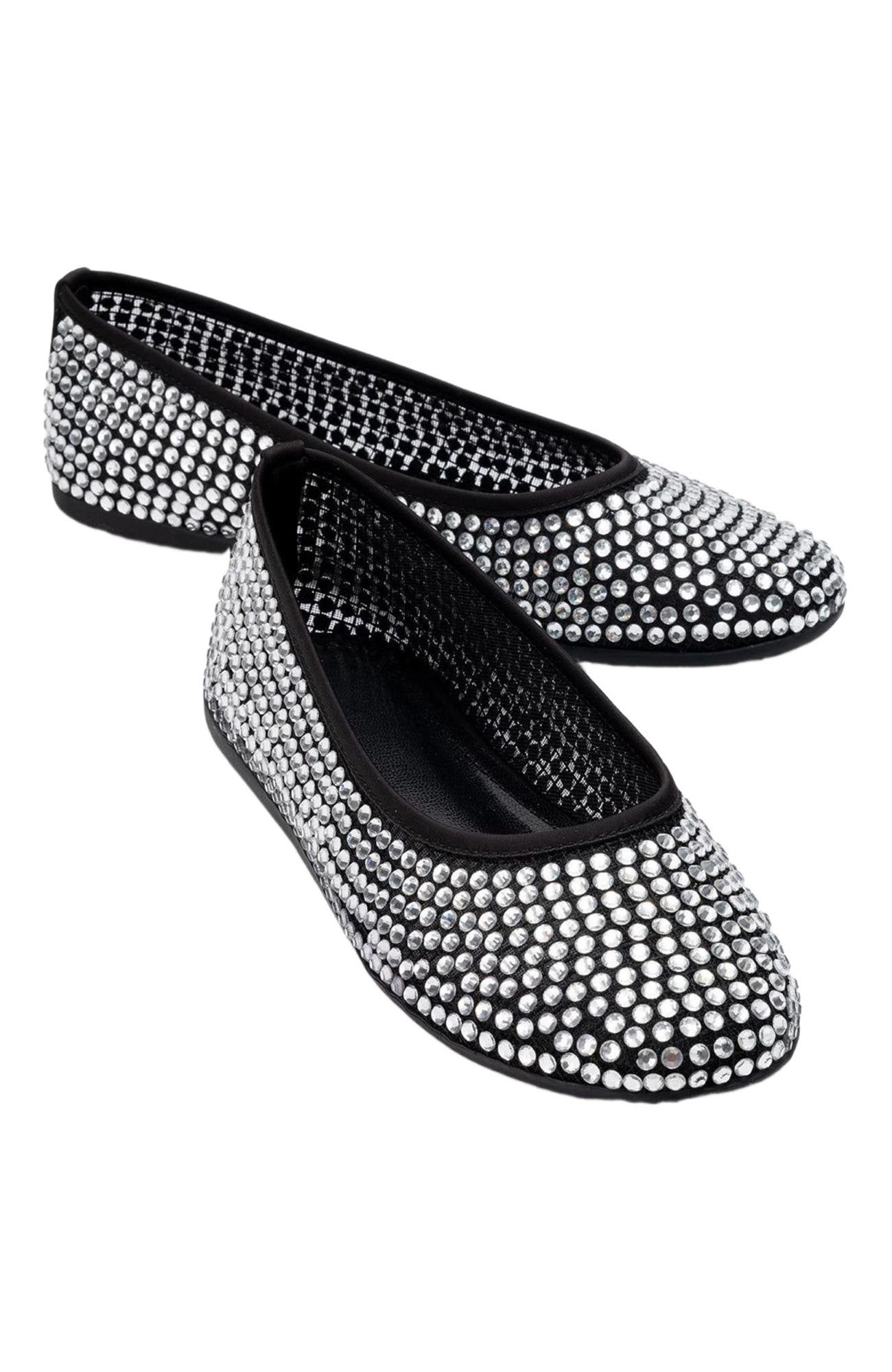 Prologue Shoes Runway Mesh Embellished Ballet Flat, Main, color, Black Faux Leather