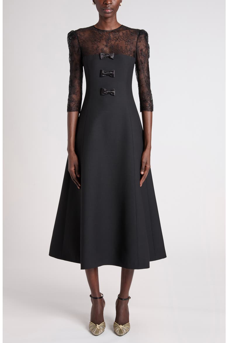Bow Detail Lace & Crepe Midi Dress, Main, color, BLACK