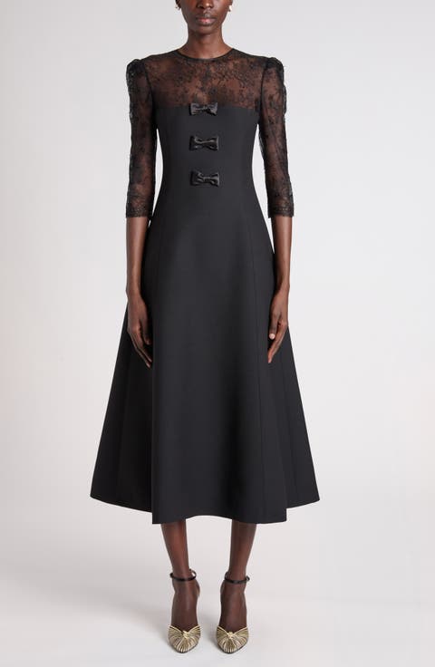 Bow Detail Lace & Crepe Midi Dress