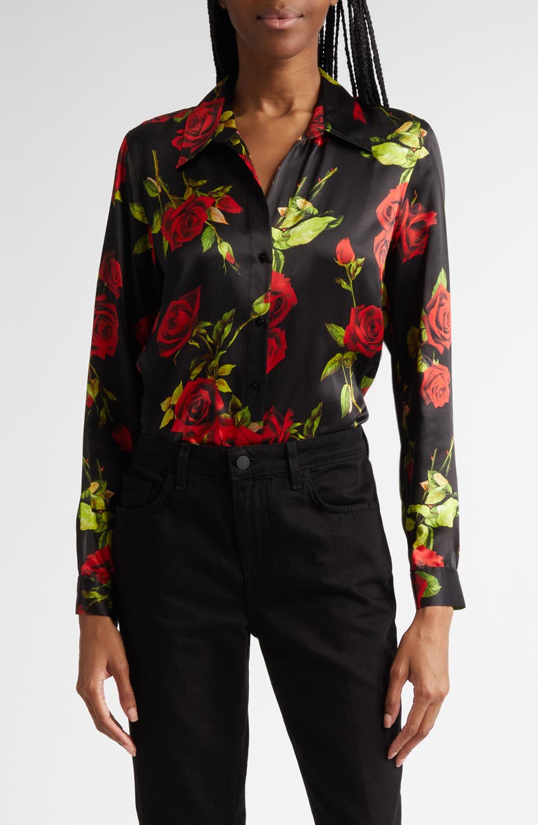 L'AGENCE Tyler Rose Print Silk Shirt, Main, color, 
