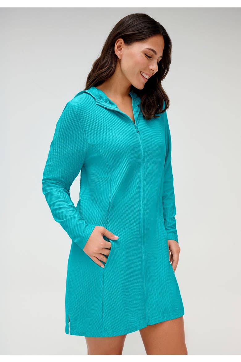 Chlorine Resistant Quick Dry Hoodie Zip Front Cover Up, Alternate, color, Oasis