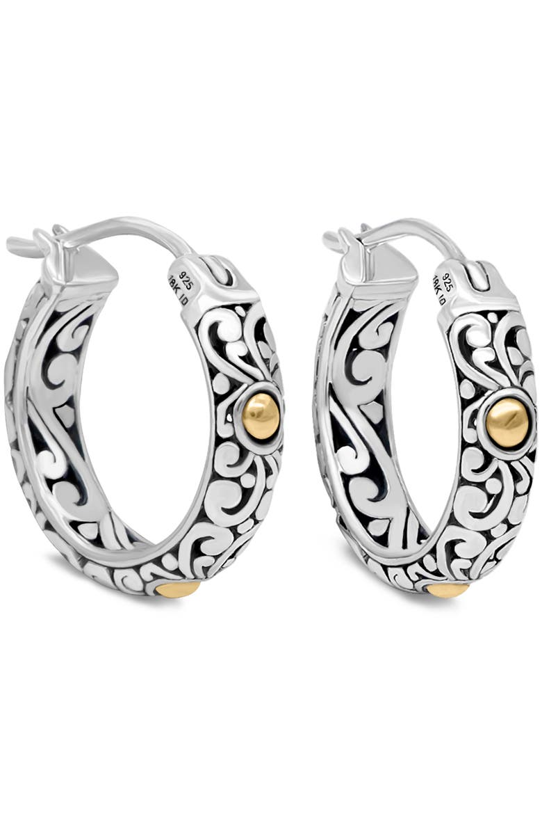 20mm Bali Filgree Hoop Earrings in Sterling Silver and 18K Gold Accents, Main, color, Silver