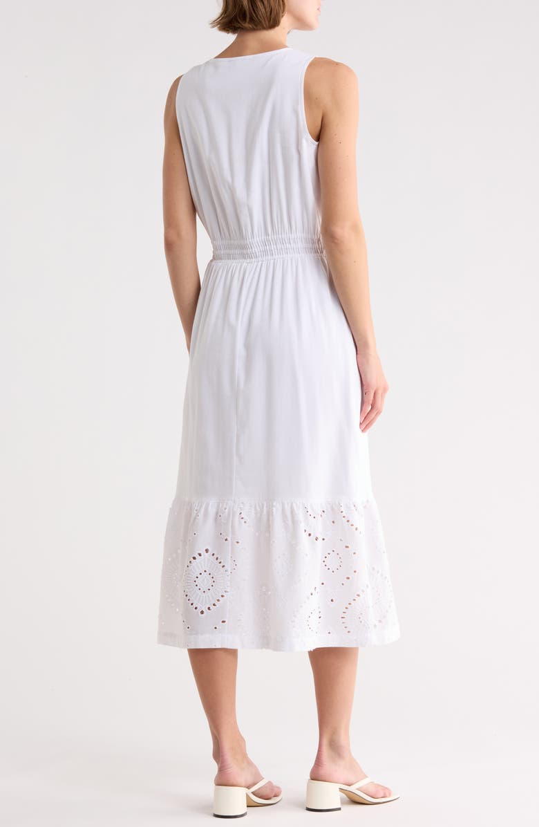 Splendid Embroidered Eyelet Sleeveless Cotton Blend Midi Dress, Alternate, color, White