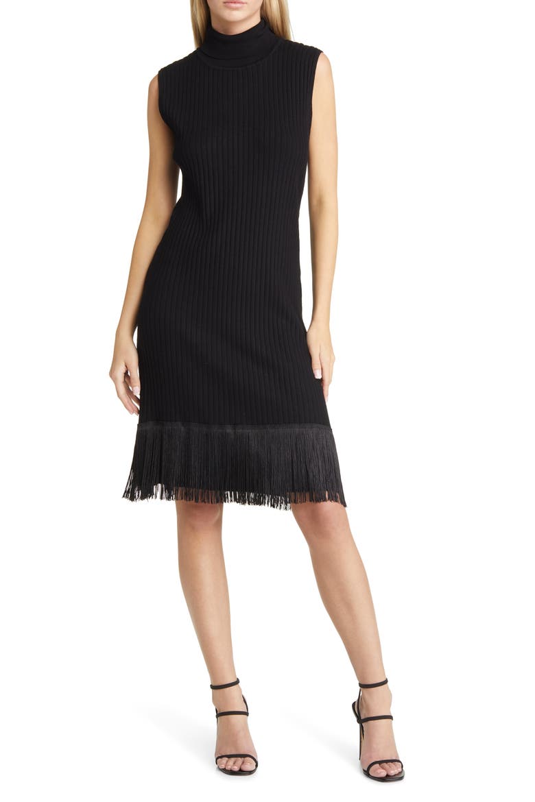 Fringe Turtleneck Sweater Dress, Main, color, BLACK