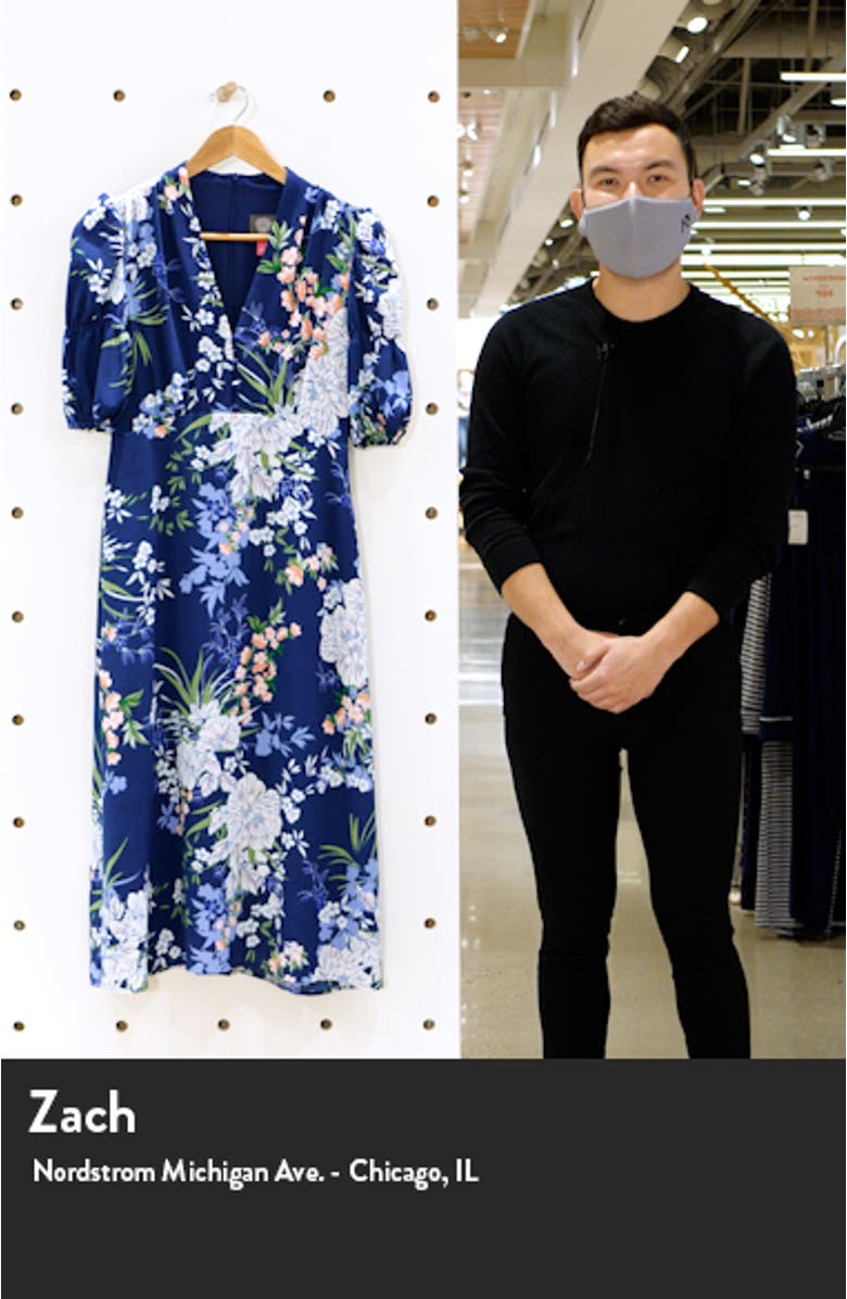 Floral Puff Sleeve Pebble Crepe Midi Dress, sales video thumbnail