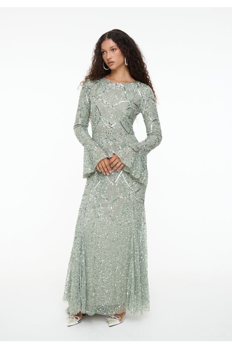 Modest Embellished Sequin Beaded Dress Maxi With Ribbon on Sleeves, Alternate, color, SAGE GREEN