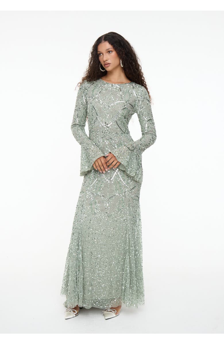 MARYISA Modest Embellished Sequin Beaded Dress Maxi With Ribbon on Sleeves, Alternate, color, Sage Green