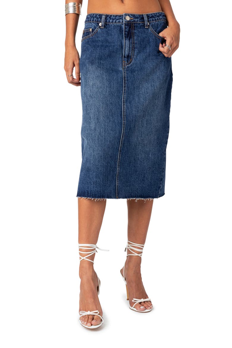 Mirah Raw Hem Denim Midi Skirt, Main, color, DARK-BLUE-WASHED