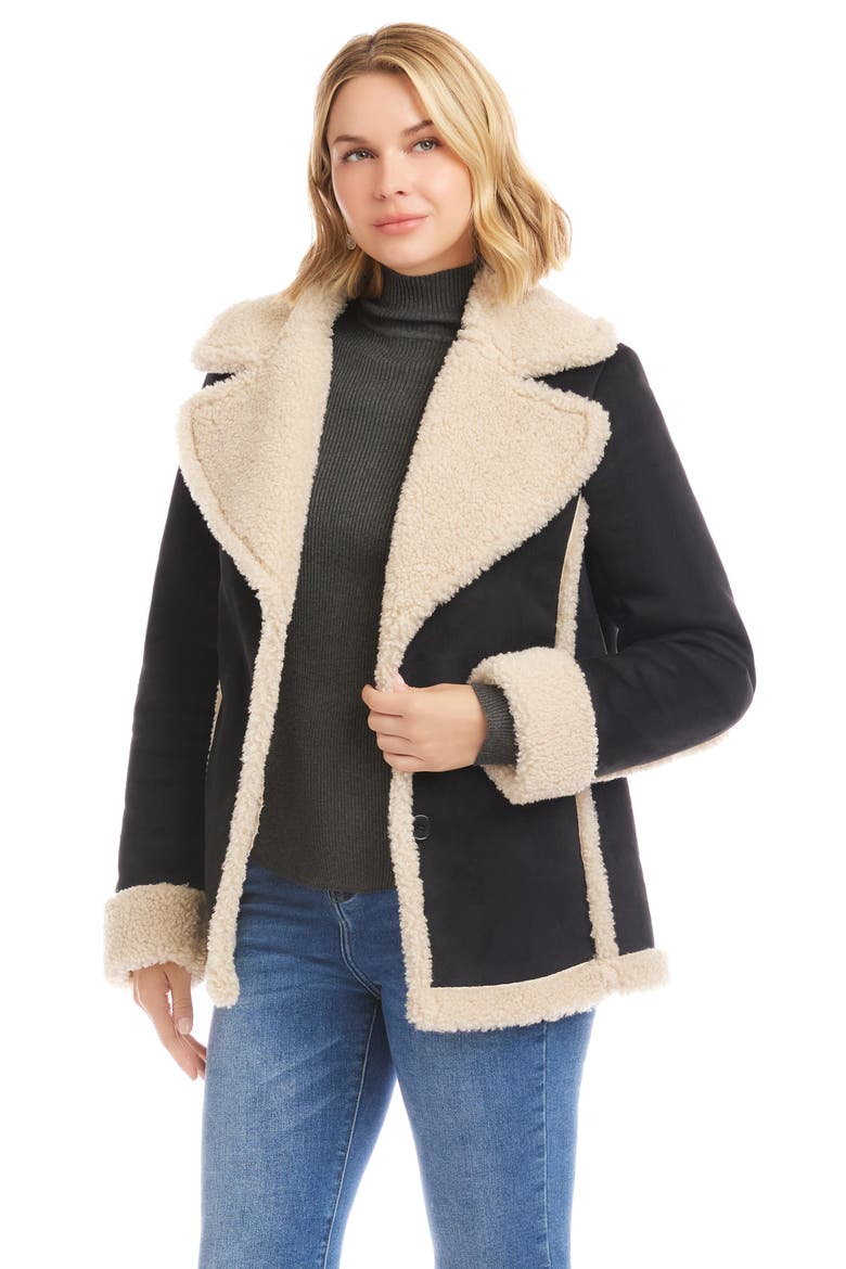 Faux Suede & Faux Shearling Trim Jacket, Alternate, color, BLACK/ CREAM