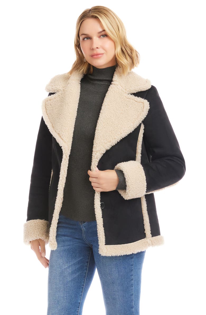 Karen Kane Faux Suede & Faux Shearling Trim Jacket, Alternate, color, Black/ Cream