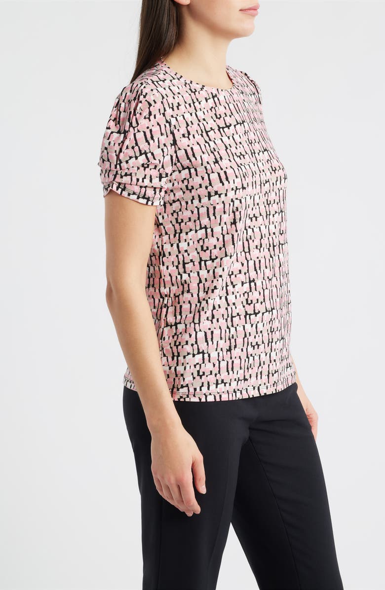 AK ANNE KLEIN Print Pleat Short Sleeve Top, Alternate, color, Calypso Coral Multi