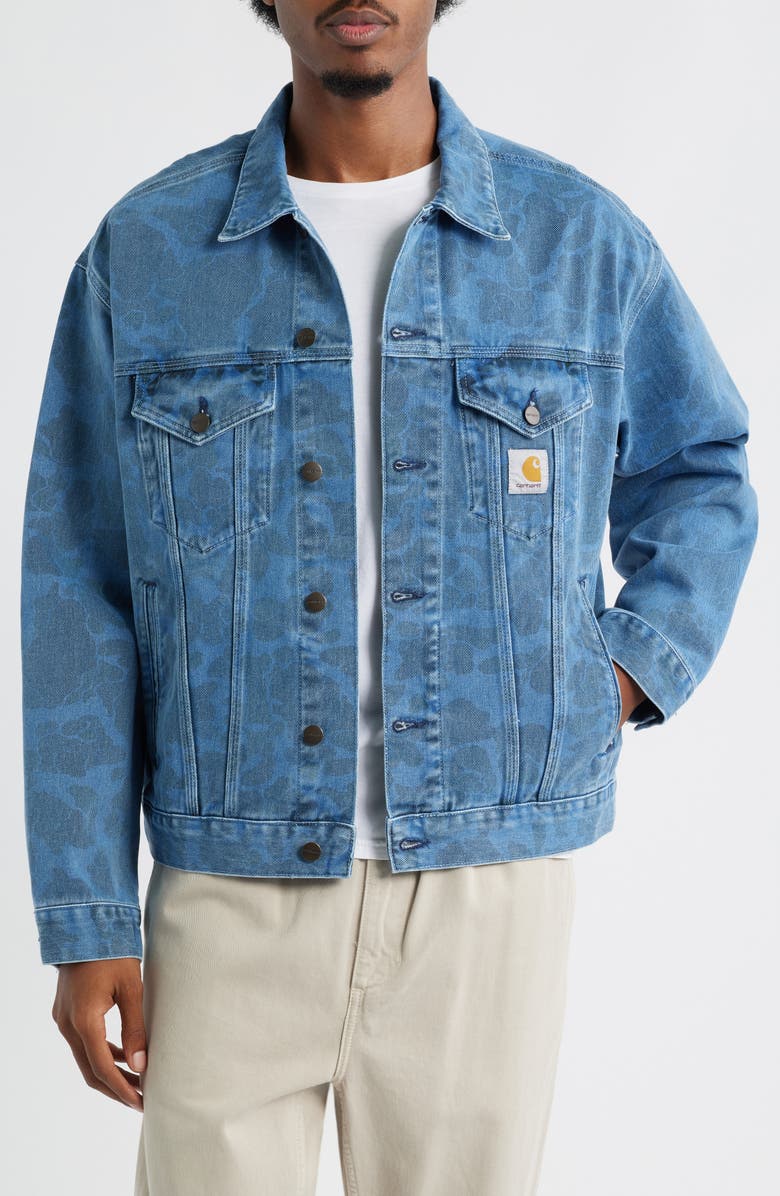 Carhartt Work In Progress Duck Camo Print Organic Cotton Denim Trucker Jacket, Main, color, Camo Blue Bleached