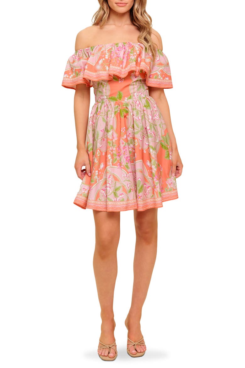 Floral Off the Shoulder Cotton Minidress, Main, color, CORAL