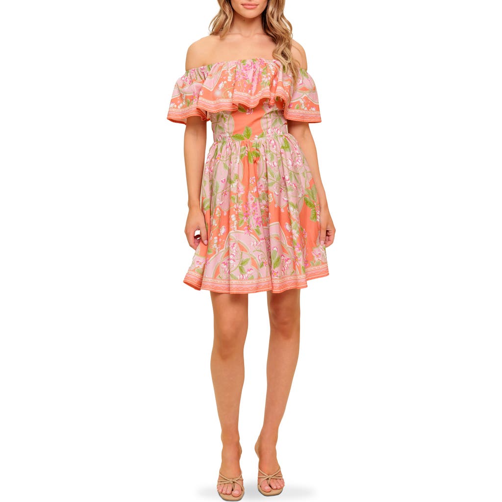 Flying Tomato Floral Off The Shoulder Cotton Minidress In Orange